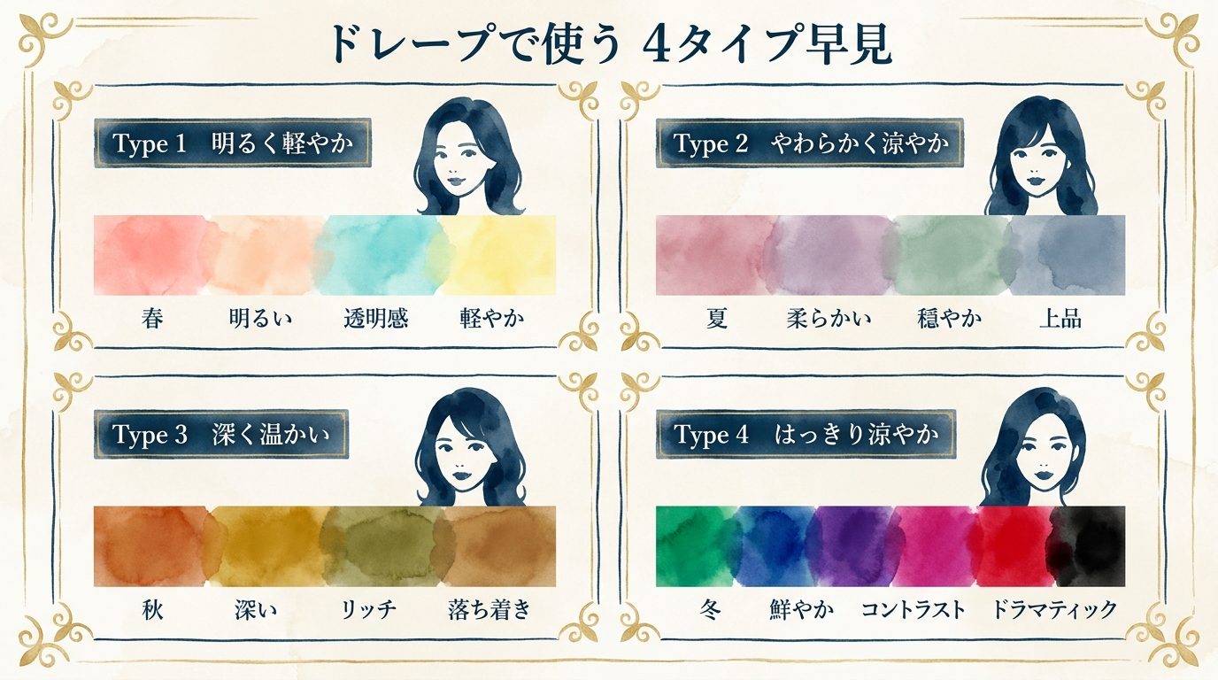 ドレープで使う4タイプ早見 — Type 1〜4の代表色と特徴
