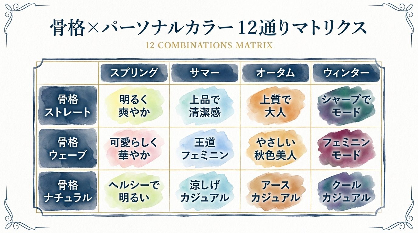 骨格3タイプ×パーソナルカラー4シーズンの12通り組み合わせマトリクス
