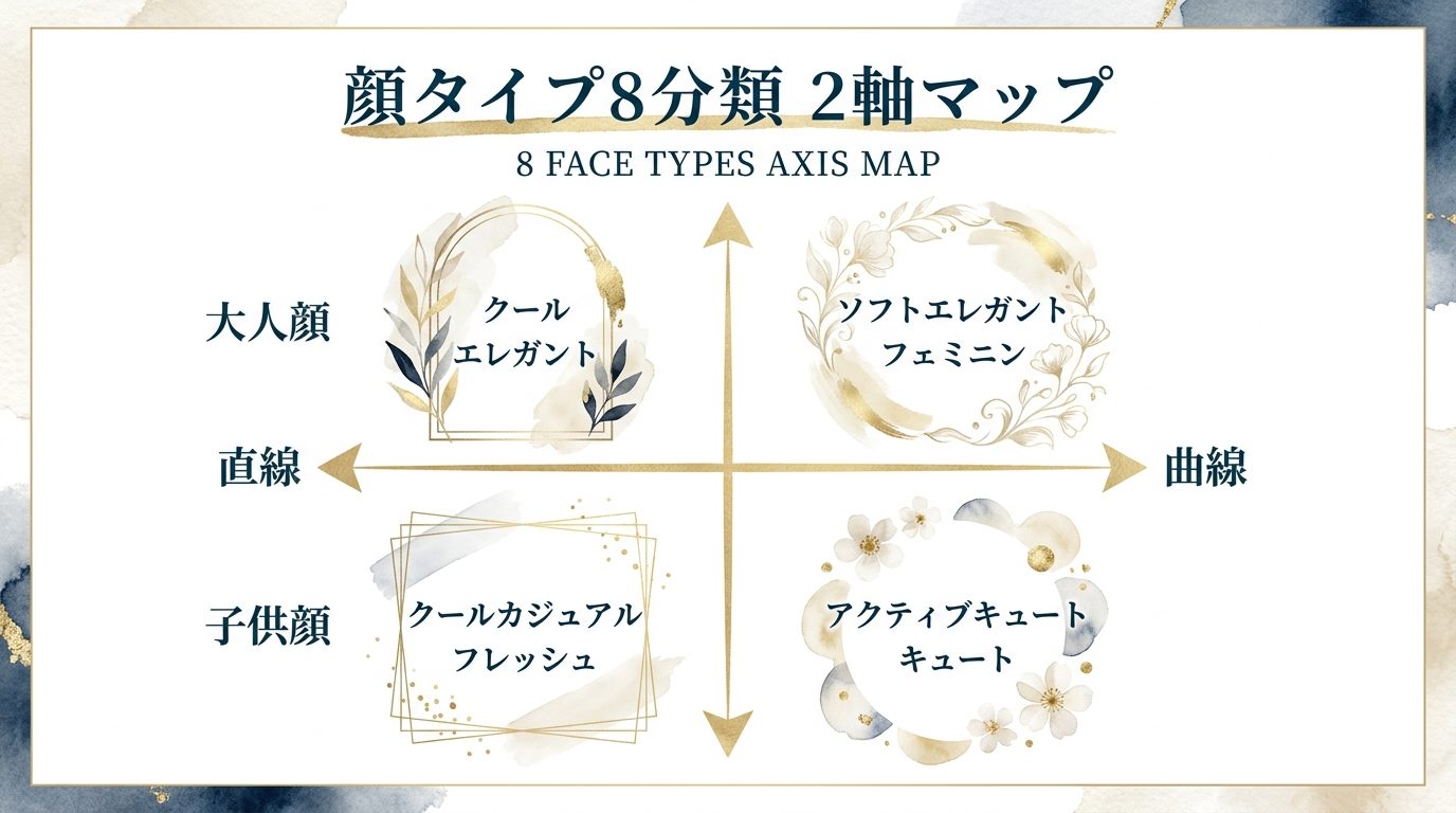 子供顔/大人顔 × 曲線/直線の2軸で顔タイプ8分類を整理した図