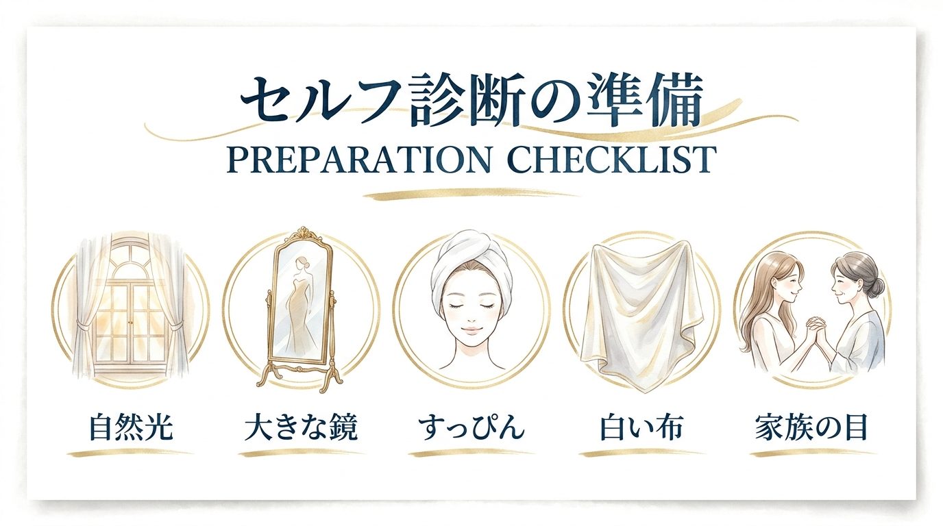 自然光・大きな鏡・すっぴん・白い布・家族の目のイラスト