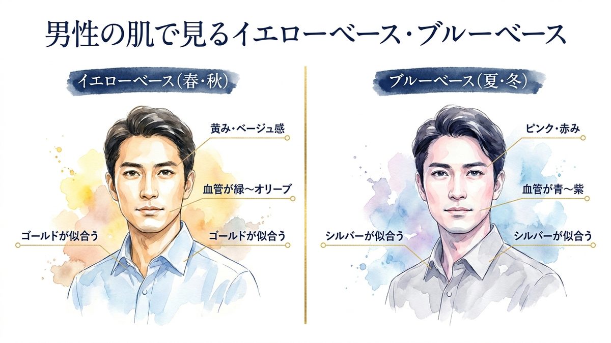 男性の肌でイエローベースとブルーベースを見分けるポイント比較図