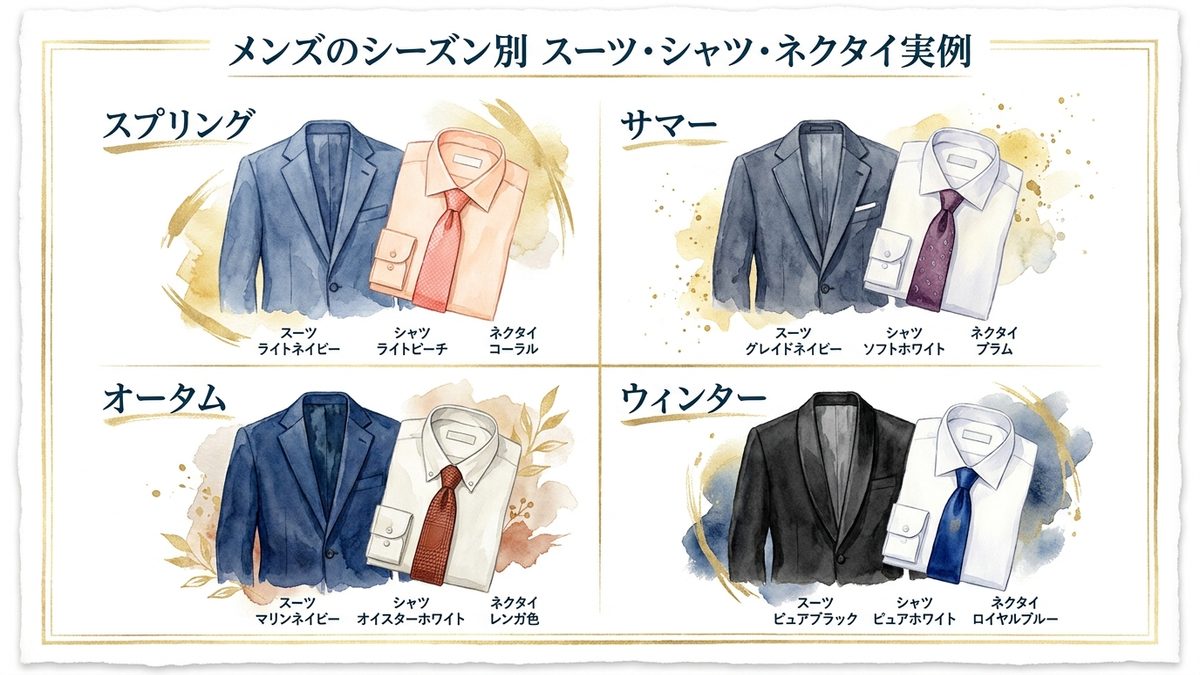スプリング・サマー・オータム・ウィンター別のメンズスーツ・シャツ・ネクタイ実例