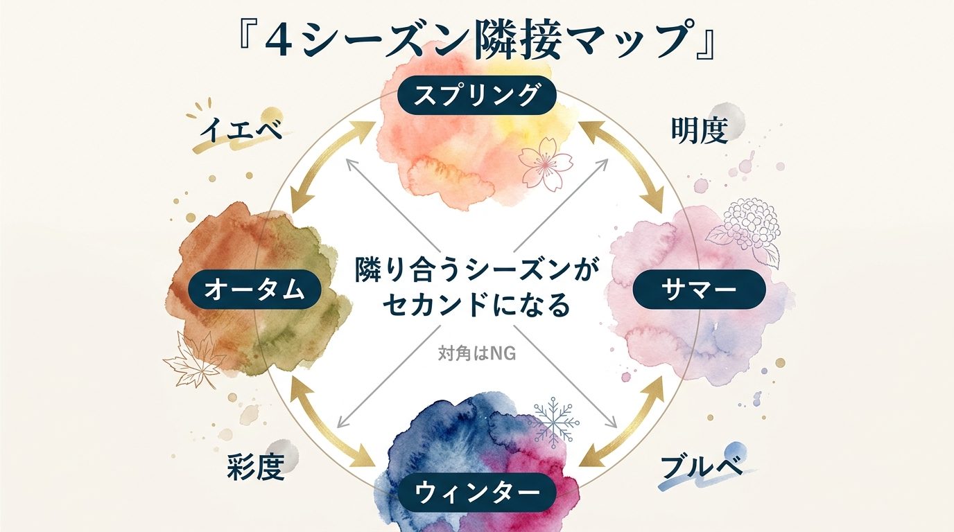 パーソナルカラー4シーズン隣接マップ — 隣り合うシーズンがセカンドになる