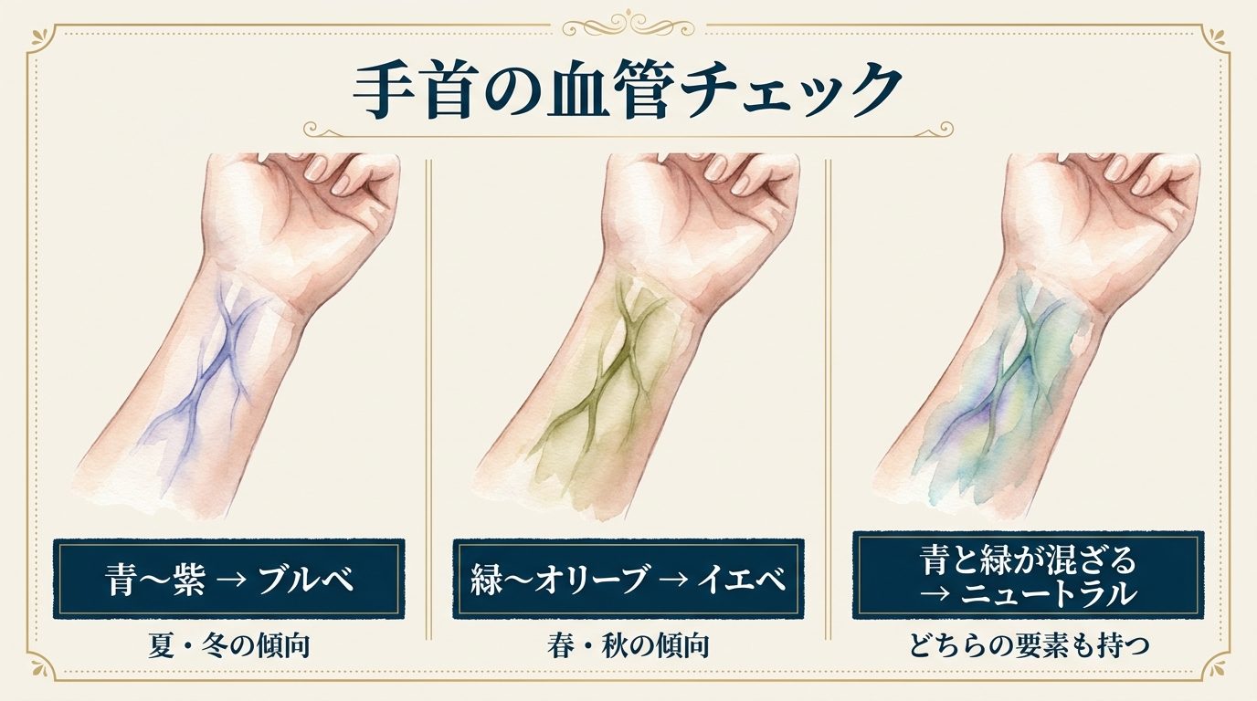 手首の血管チェック — 青紫はブルベ、緑オリーブはイエベ、混ざる場合はニュートラル