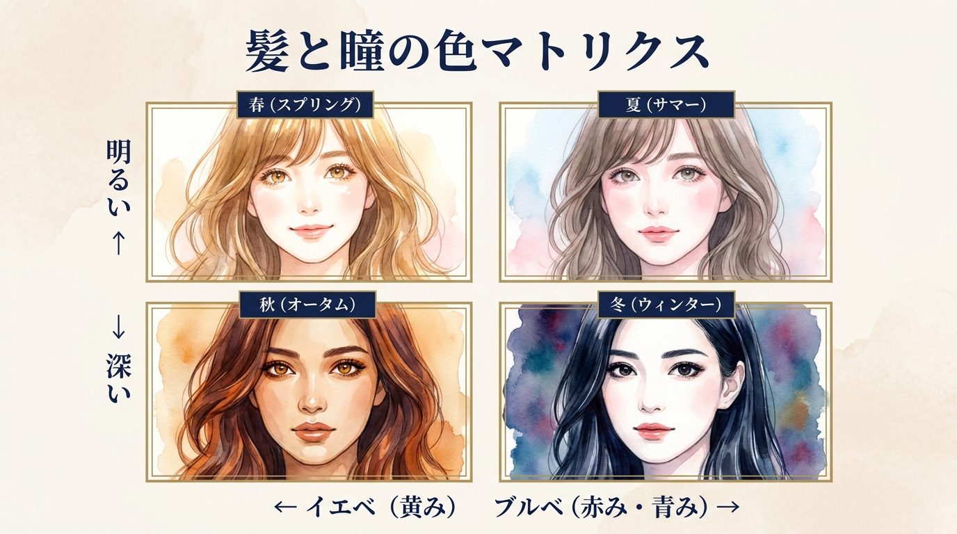 髪と瞳の色マトリクス — 4シーズン別の代表的な色味