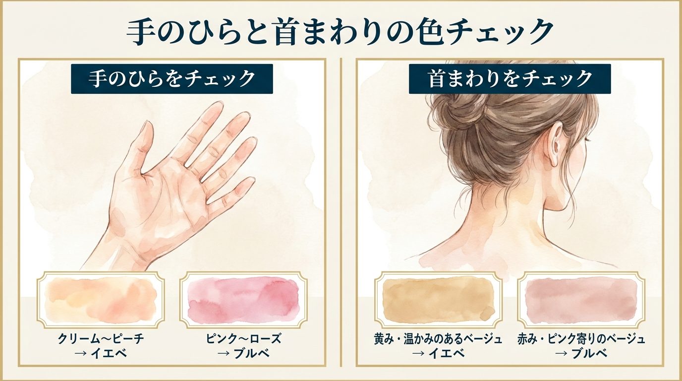 手のひらと首まわりの色チェック — イエベ・ブルベの肌色比較