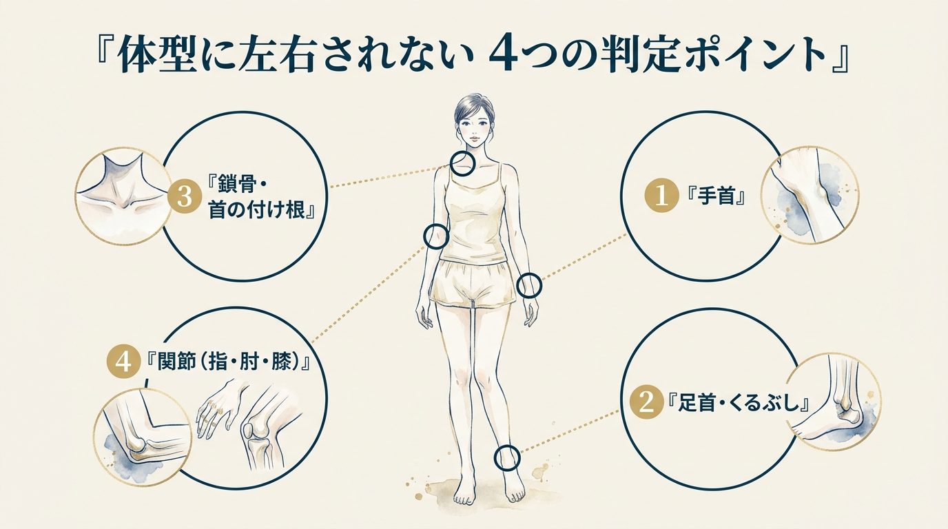 体型に左右されない4つの判定ポイント — 手首・足首・くるぶし・鎖骨・関節