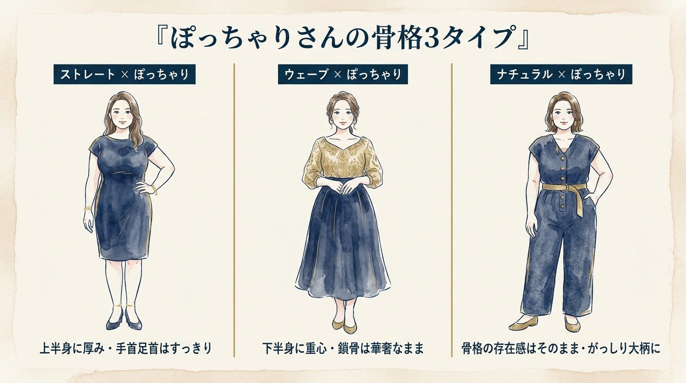 ぽっちゃりさんの骨格3タイプ比較 — ストレート・ウェーブ・ナチュラル